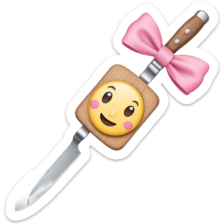 Emoji style illustration of a kitchen knife with a cute pink bow tied around the handle, minimalistic, clean design, white background, soft colors, flat vector style, kawaii emoji sticker