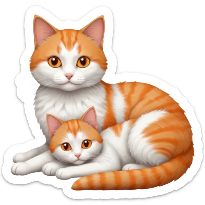 full body of a grey and white cat cuddling a very small + skinny ginger and white kitten with deep orange eyes and triangular shaped face lying down sticker
