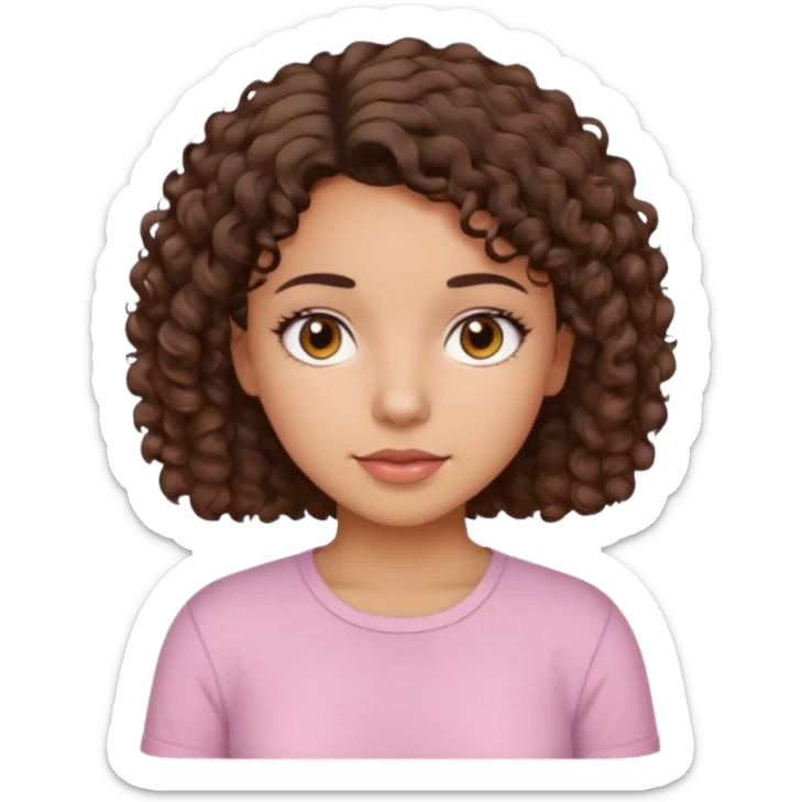 A Latina girl with brown eyes and short curly hair with a light pink shirt sticker