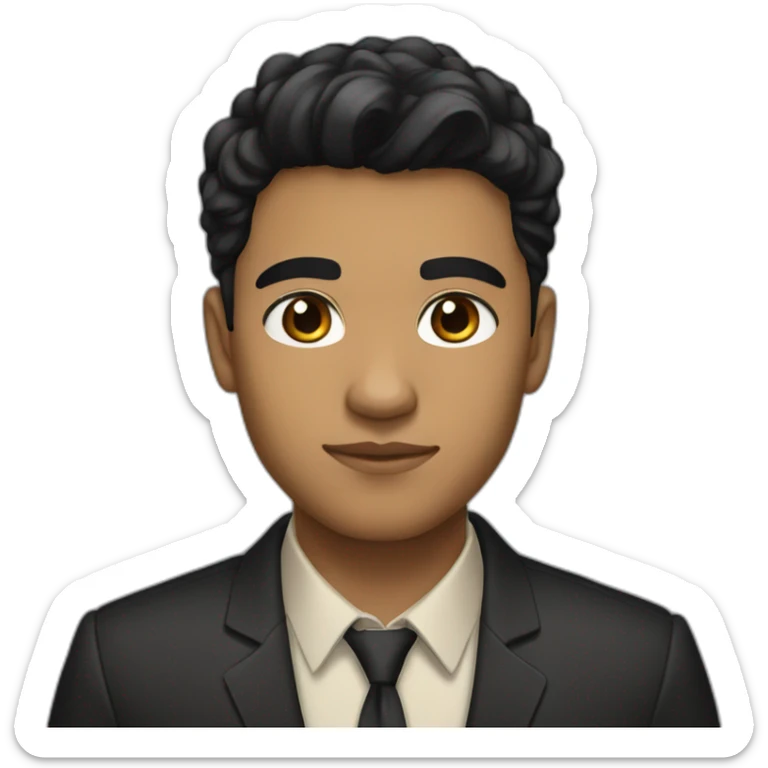 young man with black hair, light brown skin tone, formal dress, and a focused face sticker