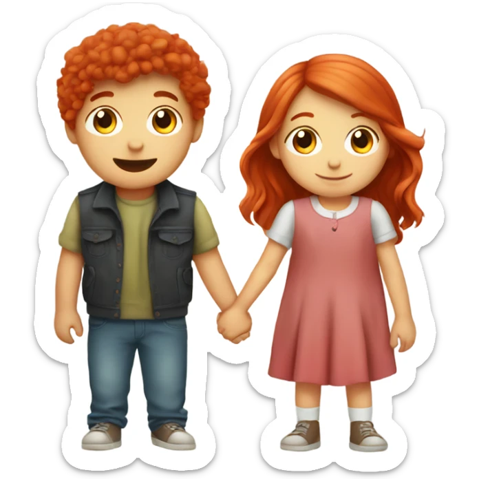 Kids boy and girl red hair holding hands cute sticker