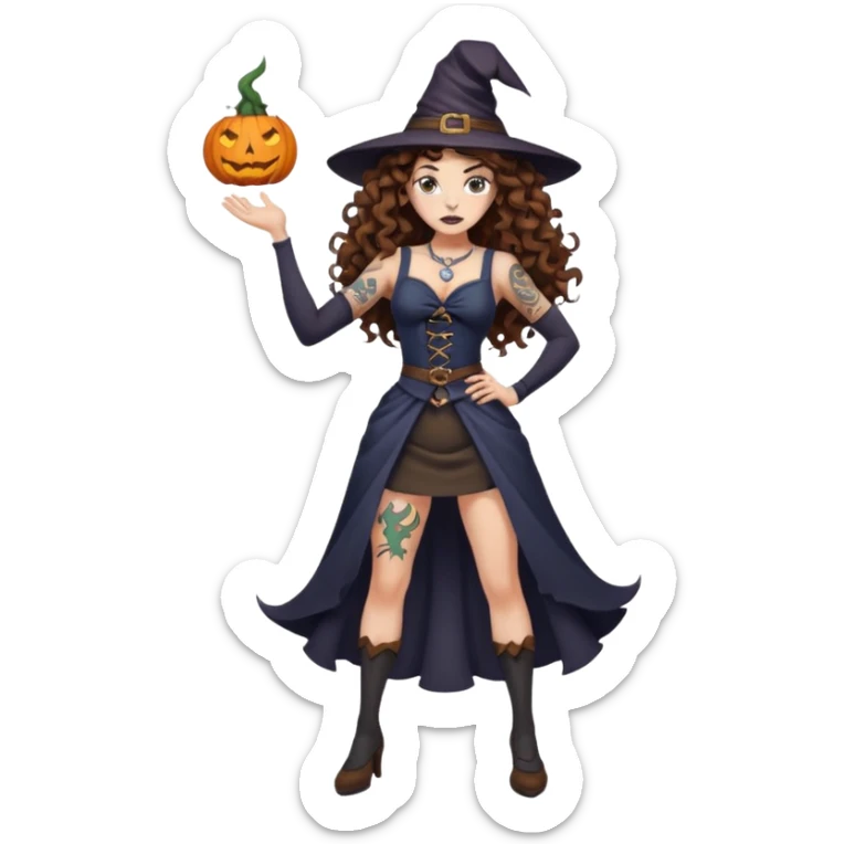 full body view of a woman with long curly brown hair, brown eyes, white skin, tattoos, hands on hips, unimpressed witch stance, psychedelic background swirl sticker