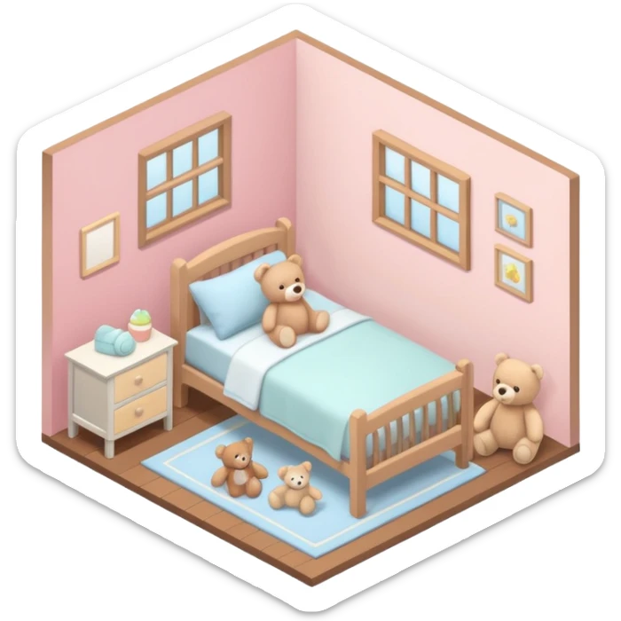 isometric baby room, Cozy baby room with crib and teddy bear sticker