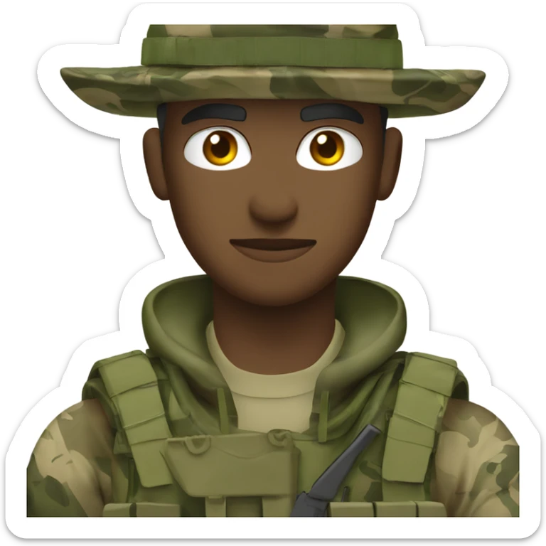 white man recon marine wearing camouflage jungle fatigues with bush hat and rifle sticker