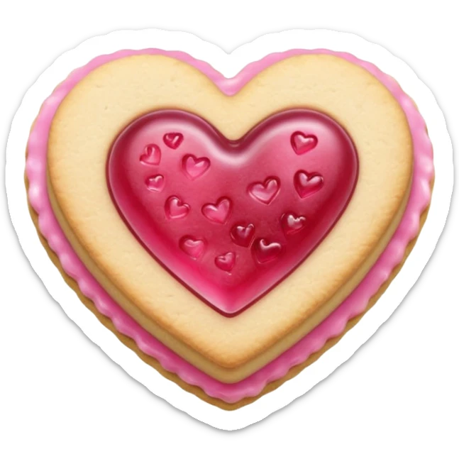 Realistic shortbread cookie in the shape of a heart with pink jelly sticker