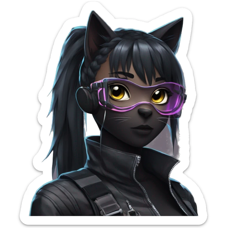 Gorgeous cyberpunk ponytail dark techwear anime style anthro black cat furry with blushing face aesthetic and pretty edgy black with collar and harness trending style sticker