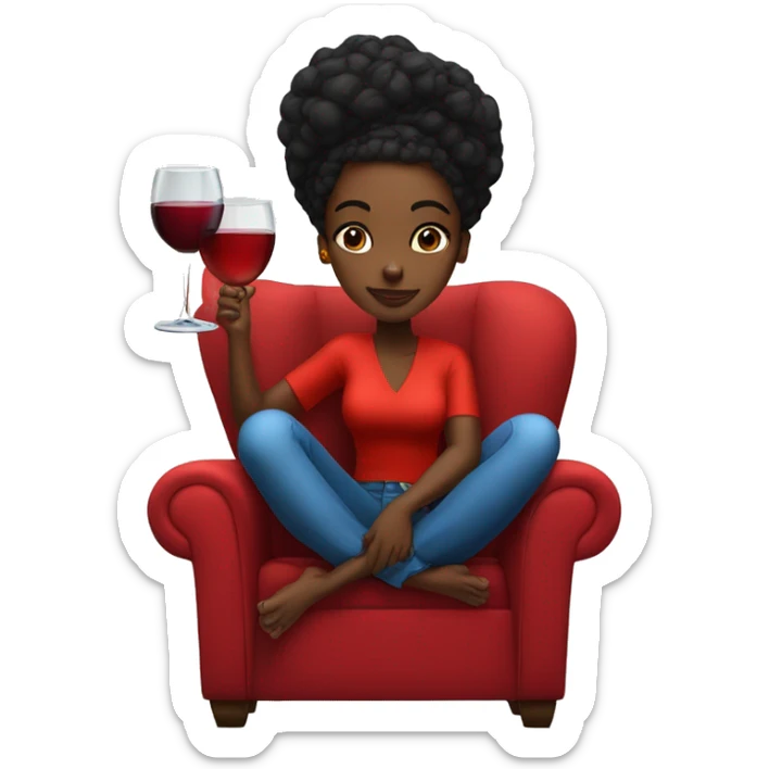 black girl sitting cross-legged on big red throne chair with glass of wine in hand sticker