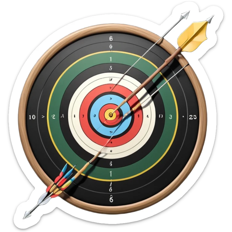A professional recurve bow with an arrow nocked, ready to be released. The target features concentric rings, placed at a distance. The emphasis is on the bow, arrow, and target, highlighting the precision, focus, and skill involved in competitive archery. sticker