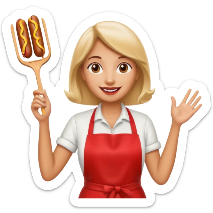 A cheerful woman selling hotdogs, waving a tongs in one hand. sticker