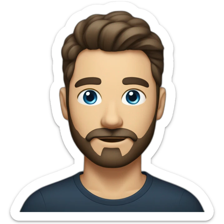 White man with a sun kissed tan and blue eyes. His hair is dark brown, styled sideways backwards. He has a beard and mustache trimmed. Wears a black t-shirt, Apple pencil behind his ear. sticker