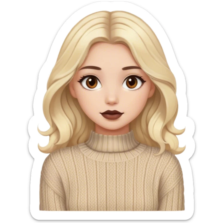 Luxury blonde model, brown eyes, dark makeup, sleek wavy beige-blonde hair, cozy cable knit sweater sticker
