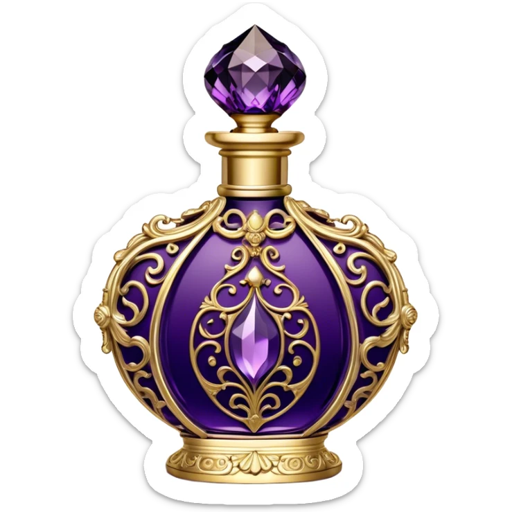 A luxurious French vintage-style perfume bottle in deep purple, with an ornate crystal stopper and intricate gold filigree detailing. The bottle has an elegantly curved shape, reminiscent of classic 18th-century perfume designs. It sits atop a delicate lace-covered vanity table, surrounded by pearls and antique silver accessories. Soft candlelight casts a warm, romantic glow, highlighting the rich texture of the glass and metallic accents sticker