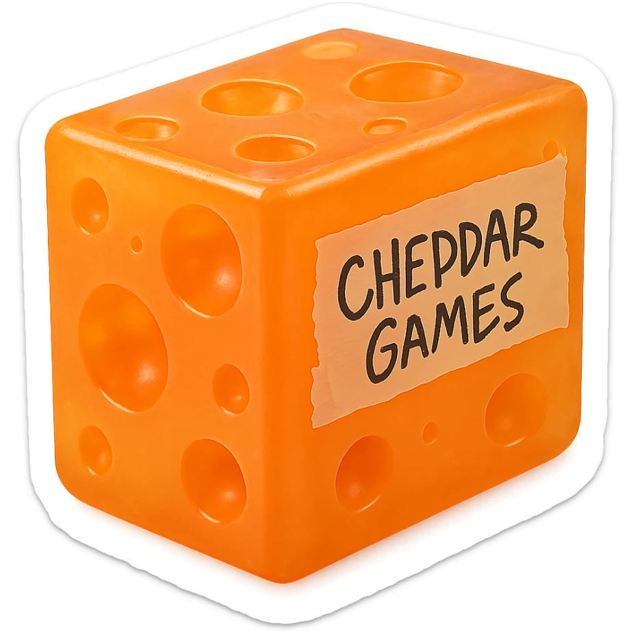 a clear, transparent orange block of cheddar cheese with holes like Swiss cheese, clear-orange translucent glowing body, hyper-detailed plastic texture like a 90's toy, soft reflections on soft flat plastic, soft and almost squishy, some cloudiness, not shiny, hyper-realistic, retro, highly detailed, appealing, glowing a little, a piece of tape messily taped to the side with 'Cheddar Games' written in messy Sharpie, extremely high quality, no background sticker