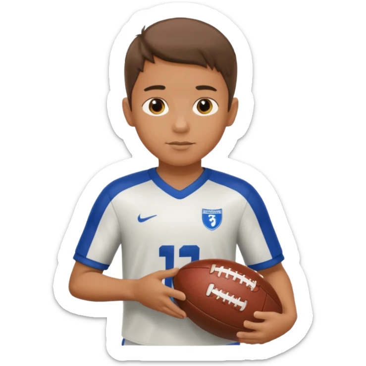 a boy having a football ball next to his hand wearing a football jersey sticker