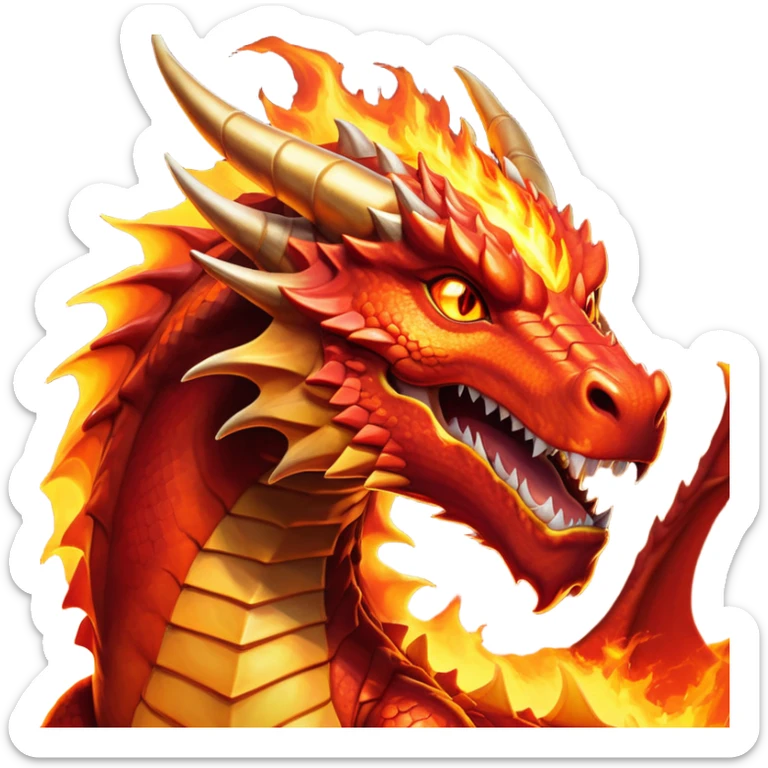 cinematic-noble-fierce-fire-dragon-portrait-emoji,-poised-and-imposing,-with-a-muscular,-scaled-body-ablaze-in-fiery-hues-of-crimson,-molten-orange,-and-molten-gold,-and-intense,-burning-eyes-that-mirror-the-heart-of-a-volcano;-rendered in detail sticker