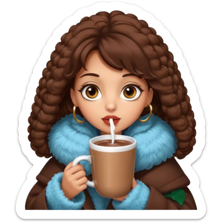 Tanned Girl with lashes , brown hair, in an extremely big fluffy oversized coat and hold hot chocolate drink and big eyes, big lip sticker