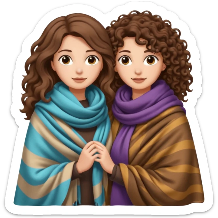 star blanket scene — long wavy brown hair tattooed woman and short tight curly brown hair woman — sharing oversized scarf blanket sticker