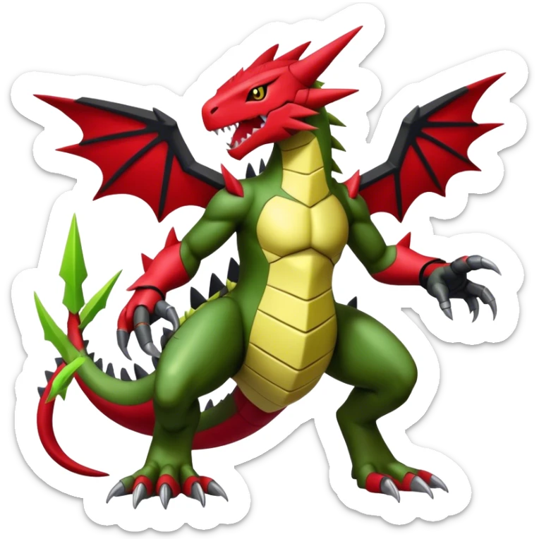 Cool edgy shiny Guilmon-Flygon-Tyranitar-Digimon-hybrid-fusion, yellow belly, full body sticker
