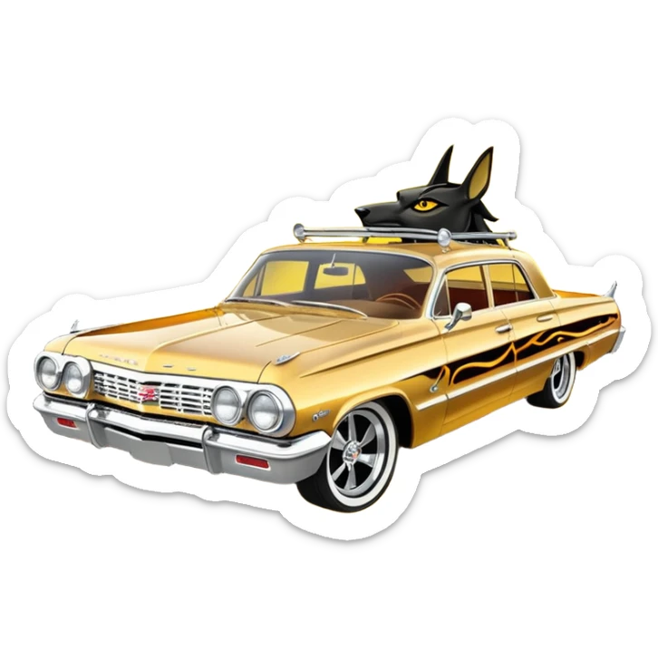 Hot rod custom 1964 impala low rider four door Anubis painted hood flaming side-pipes sticker