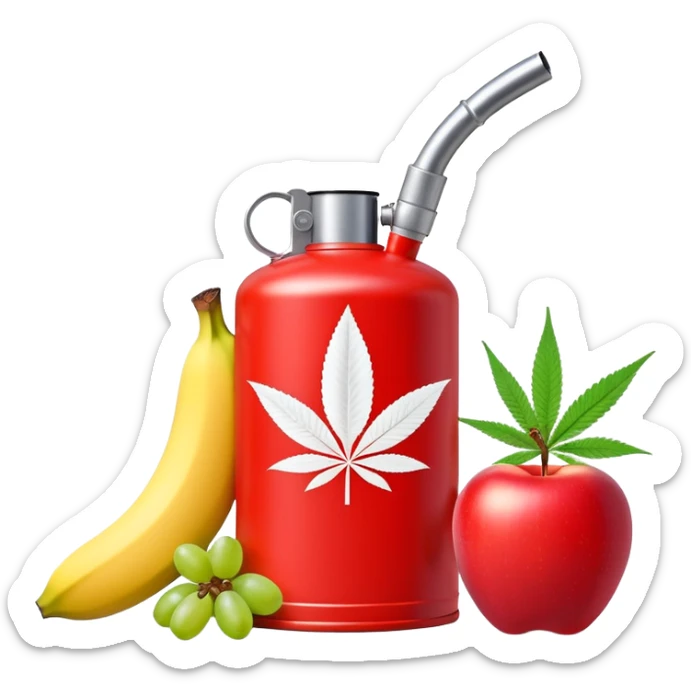 bright red gasoline canister surrounded by a banana, an apple, grapes, and a cannabis leaf, red fuel can with fruits and marijuana leaf arranged around it sticker