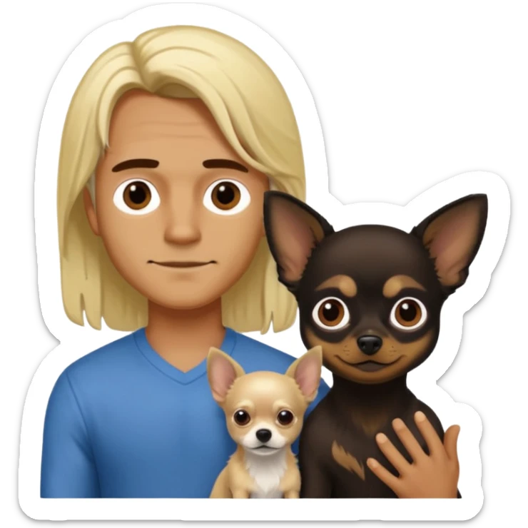 Hombre con pelo largo rubio su pareja chica de pelo castaño oscuro y un chihuahua negro sticker