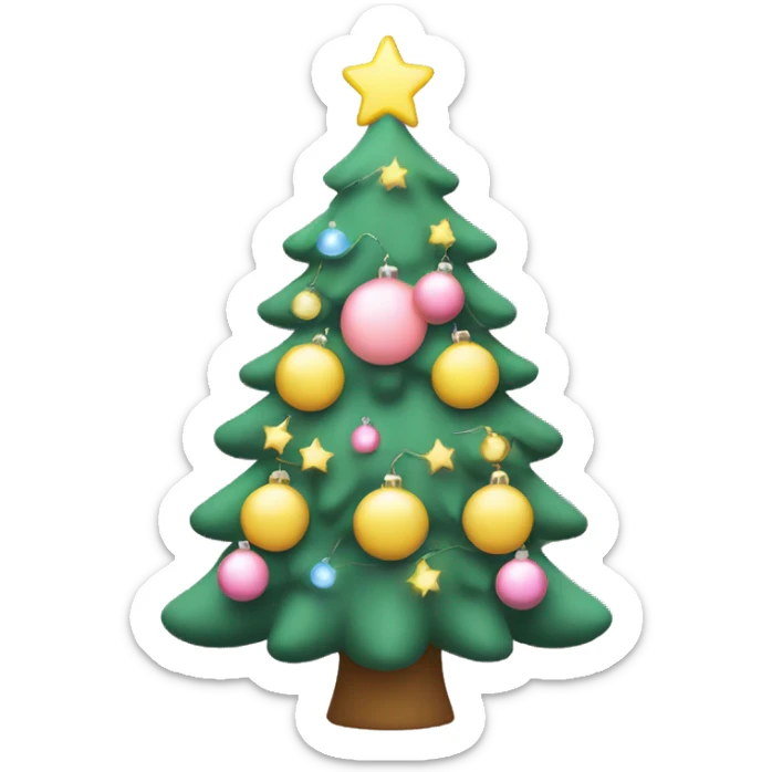 christmas tree with pastel ornaments like pink and yellow, with fairy lights sticker