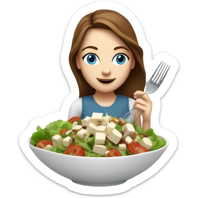 White girl Brown hair blue eyes freackles eating Tofu salad with fork sticker