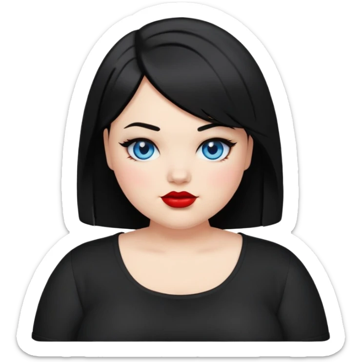 plus size teenage girl with a black bob haircut, side parted, blue eyes, black eyeshadow, red lipstick, wearing a black shirt, emoji style, winking sticker
