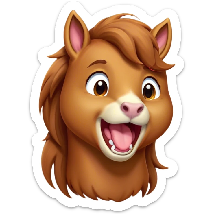 Cinematic Cute Yawning Chestnut Horse Portrait Emoji, Head tilted slightly with a dramatic, wide-open yawn, revealing a smooth chestnut fur with a subtle shimmer, floppy ears slightly drooping, round amber eyes barely open in drowsy contentment, Simplified yet irresistibly adorable features, highly detailed, glowing with a soft, cozy glow, high shine, relaxed yet expressive, stylized with a touch of equine whimsy, bright and endearing, soft glowing outline, capturing the essence of a sleepy yet affectionate horse, so drowsy it feels like it could stretch out of the screen and curl up for a nap! sticker