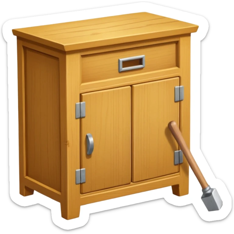 Compact emoji-style icon showing a small wooden cabinet with one door slightly open, a hammer resting beside it, and a plank of wood leaning in the background. Light brown wood tones, silver hammer head, yellow handle. Soft shadows, clean glossy look.  sticker