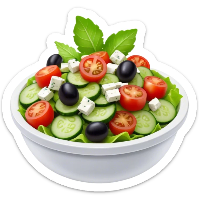 Cinematic Realistic Greek Salad Dish Emoji, depicted with crisp lettuce, tomatoes, cucumbers, olives, and feta cheese rendered with vibrant textures and fresh, natural lighting. sticker