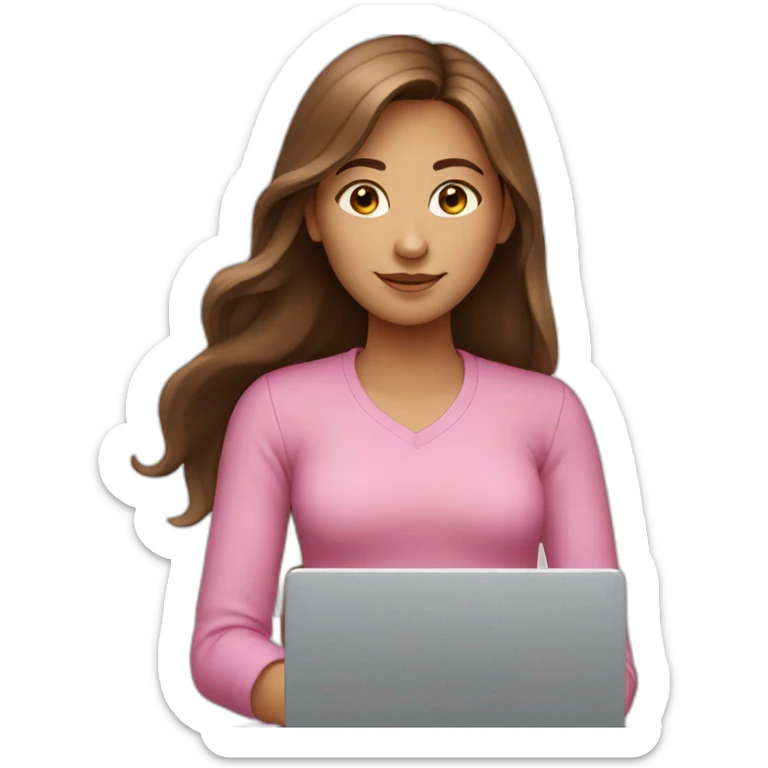 Girl with long brown hair and laptop, pink shirt sticker