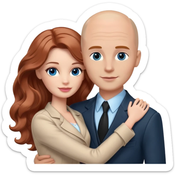 Barbie girl  , eyes blue , Chestnut red long wavy hair In pale beige clothes, Hugs a man with light brown hair bald, brown eyes , and a black suit sticker