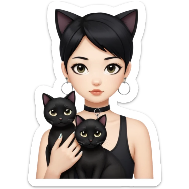 Asian cool girl, black hair.  Holding two BLACK cats with one cat has a round fat face. Both pure black.  The girl also wearing a black singlet, a black chocker, silver round hook earring, and wearing eyeliner.  sticker