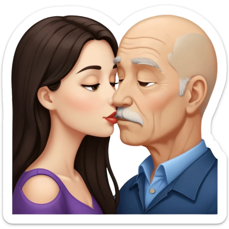 Beautiful woman with long dark hair, kissing a old brown bald man sticker