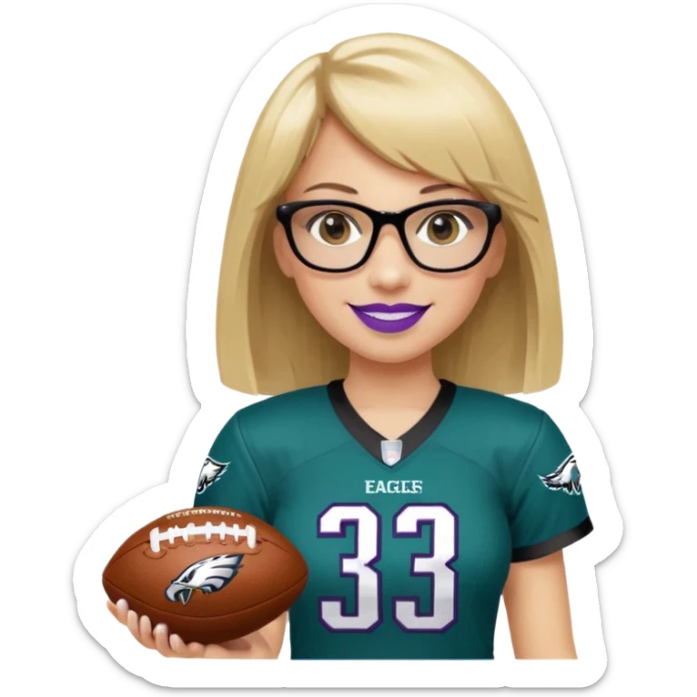 full length women wearing eagles uniform, medium blonde hair, straight across bangs, black glasses, holding football, number 33, smiling, purple lipstick sticker