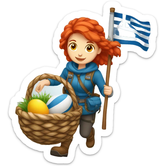 red hair female winter mountaineer climbing with Easter eggsbasket and Greek flag sticker
