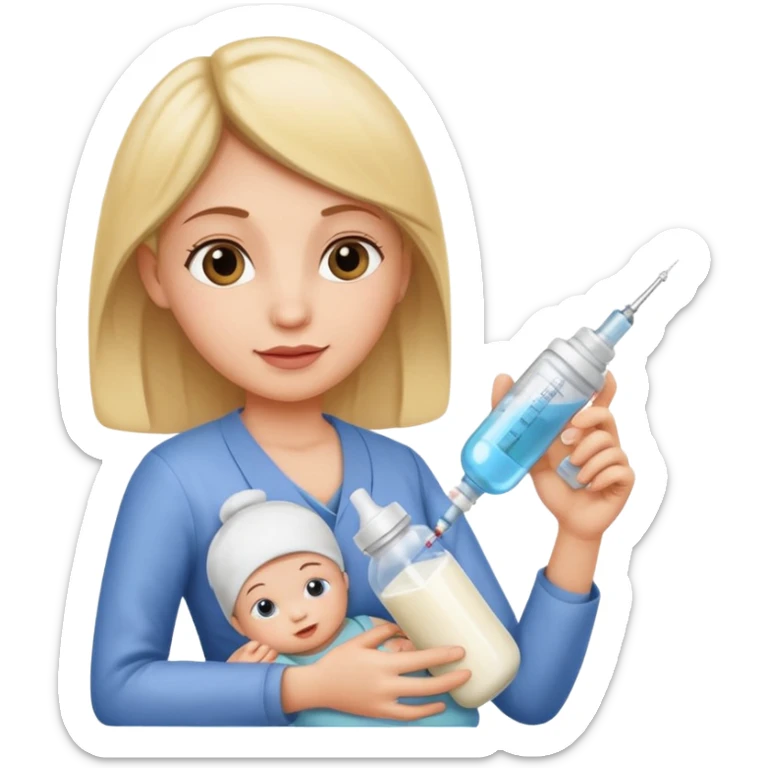 Mother holding a baby bottle with milk and a vaccine syringe sticker