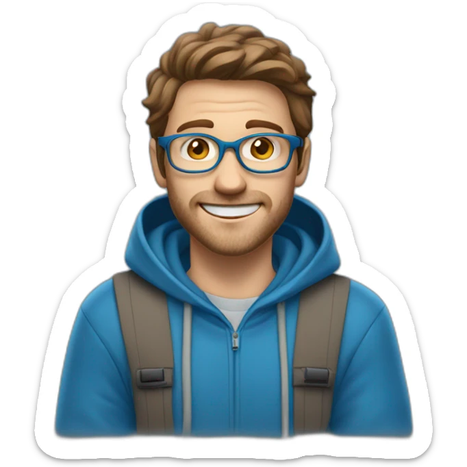 white man with brown hair and hazel eyes and glasses wearing blue hoodie feeling excited sticker