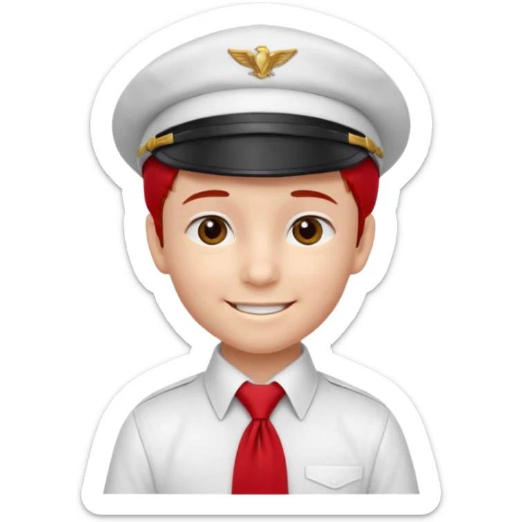 A Soviet pioneer emoji — smiling young boy wearing a white shirt with a bright red pioneer necktie and a classic red pilotka cap. not a cowboy hat. Flat, smooth 3D shading sticker