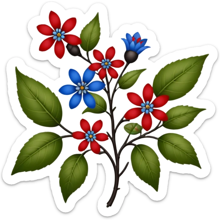 dull green leaves & red & blue flowers filigree design & small fruits& ebony branches, extremely detailed, complex design sticker
