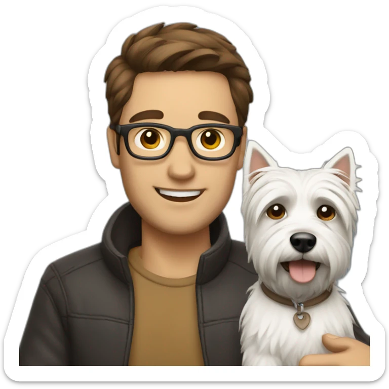 Brown hair man with glasses with westie dog girl sticker