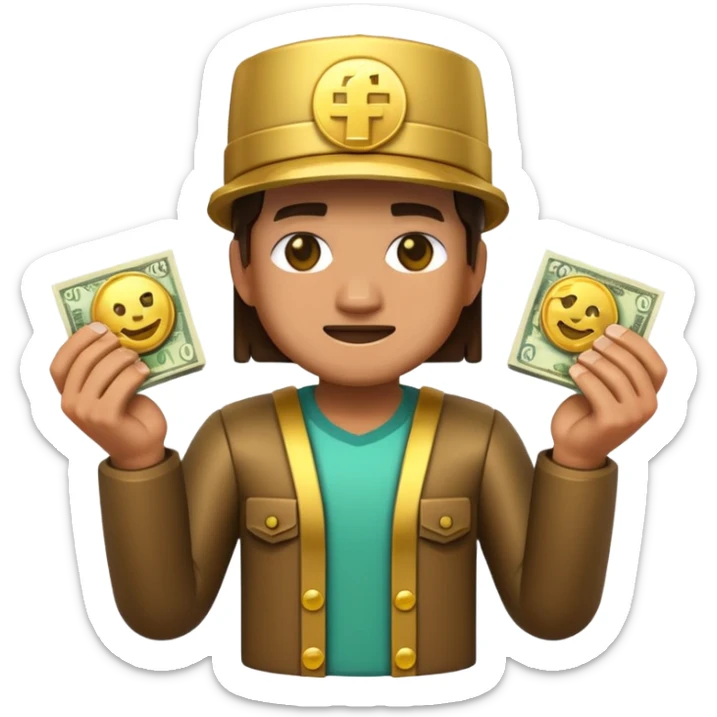3D emoji, minecraft inspired character made of glossy plastic, holding money and gold coins, cinematic lighting, soft reflections, ultra detailed, centered, clean background, high resolution sticker