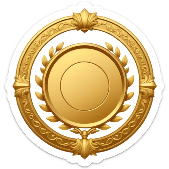 An elegant golden medal emblem with a sophisticated crest design, intricate details, ornamental flourishes, and a luxurious finish sticker