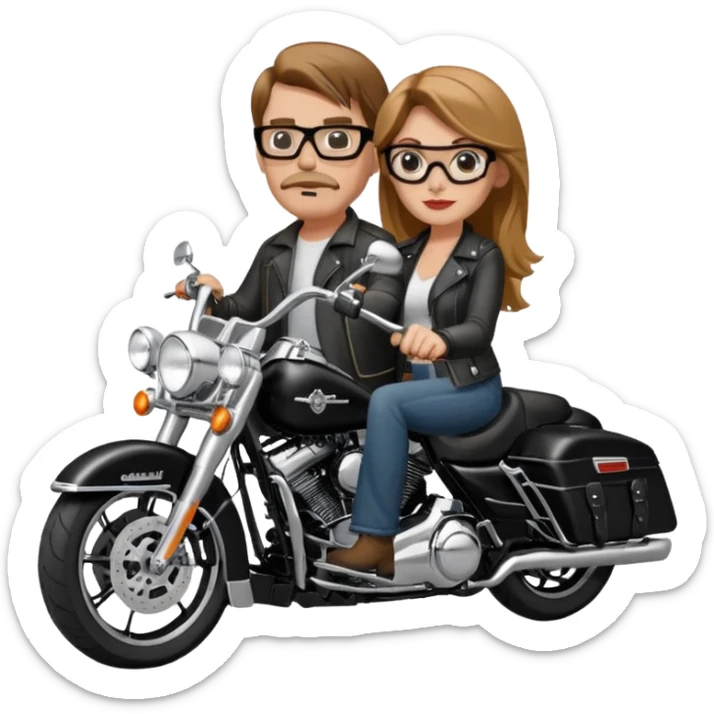 Un couple de biker sur une harley road king noire, l'homme sans moustache et une paire de lunettes demetz ros21, la fille a des cheveux plus dans les tons chatain sticker