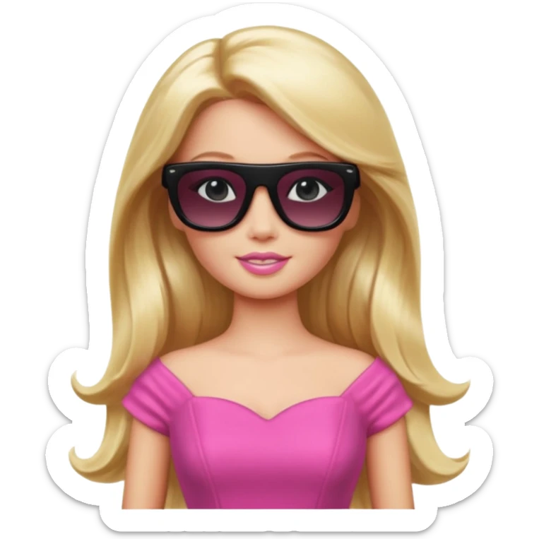 barbie with long blonde hair wear black sun glasses, pink dress sticker