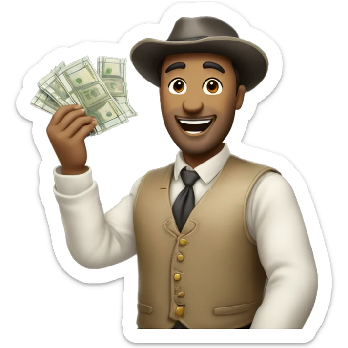 homme riche tient des billets dans ses mains et sautede joie sticker