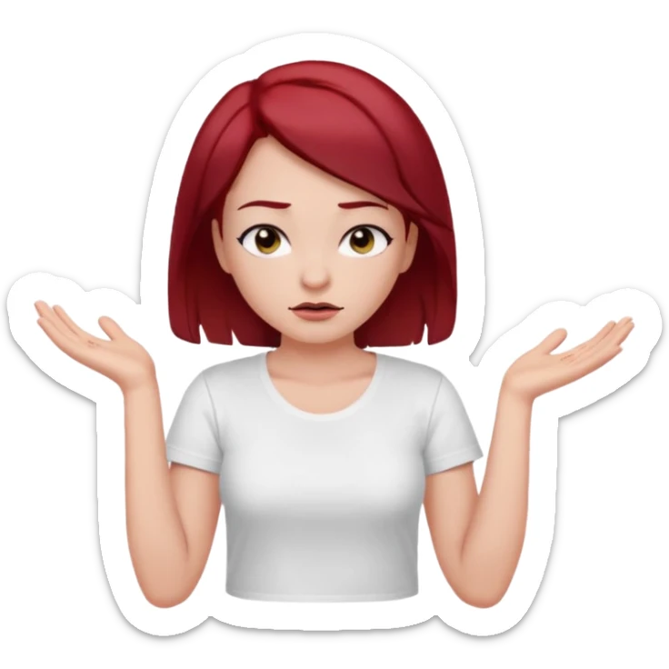 younger woman shrugging, eyes closed, white t-shirt, dark red hair, black eyebrows sticker