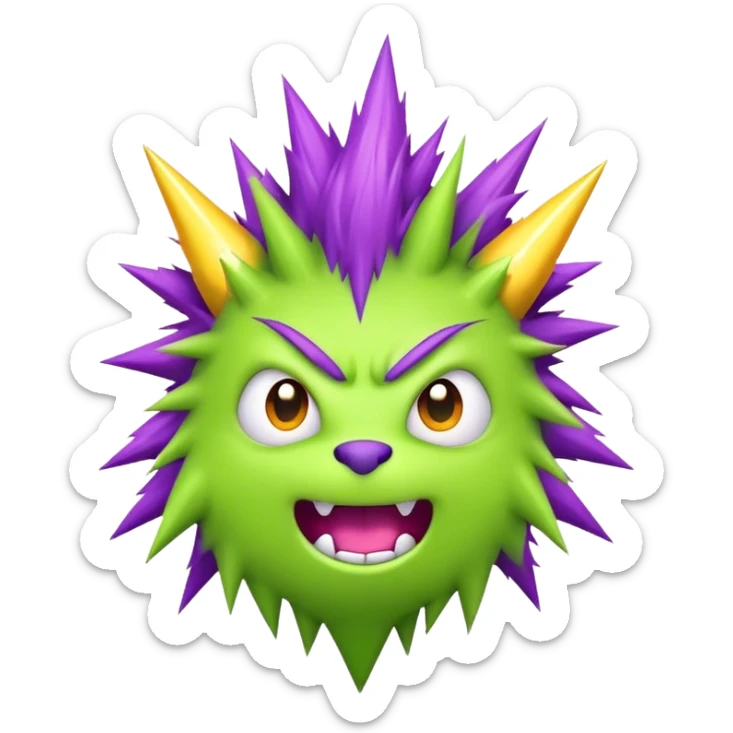 silly and furry monster in a flat art style with no shading. The monster should have a playful, cartoonish expression, with a green furry body, purple spiky hair, and small stitches on its forehead, resembling a Frankenstein-solana-inspired creature. Include small bolts on the sides of its head with tiny yellow lightning sparks for a quirky touch. The design should be simple, bold, and colorful, with clean lines and a light gray background to make the monster pop sticker