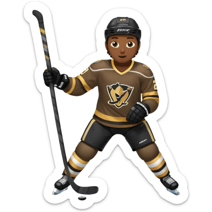 Back Shot Of Hockey Player Celebrating, sliding on one knee, with Left hand raised holding his stick by the middle of the shaft. Right Hand Touching the ice.
Black and Gold Jersey sticker